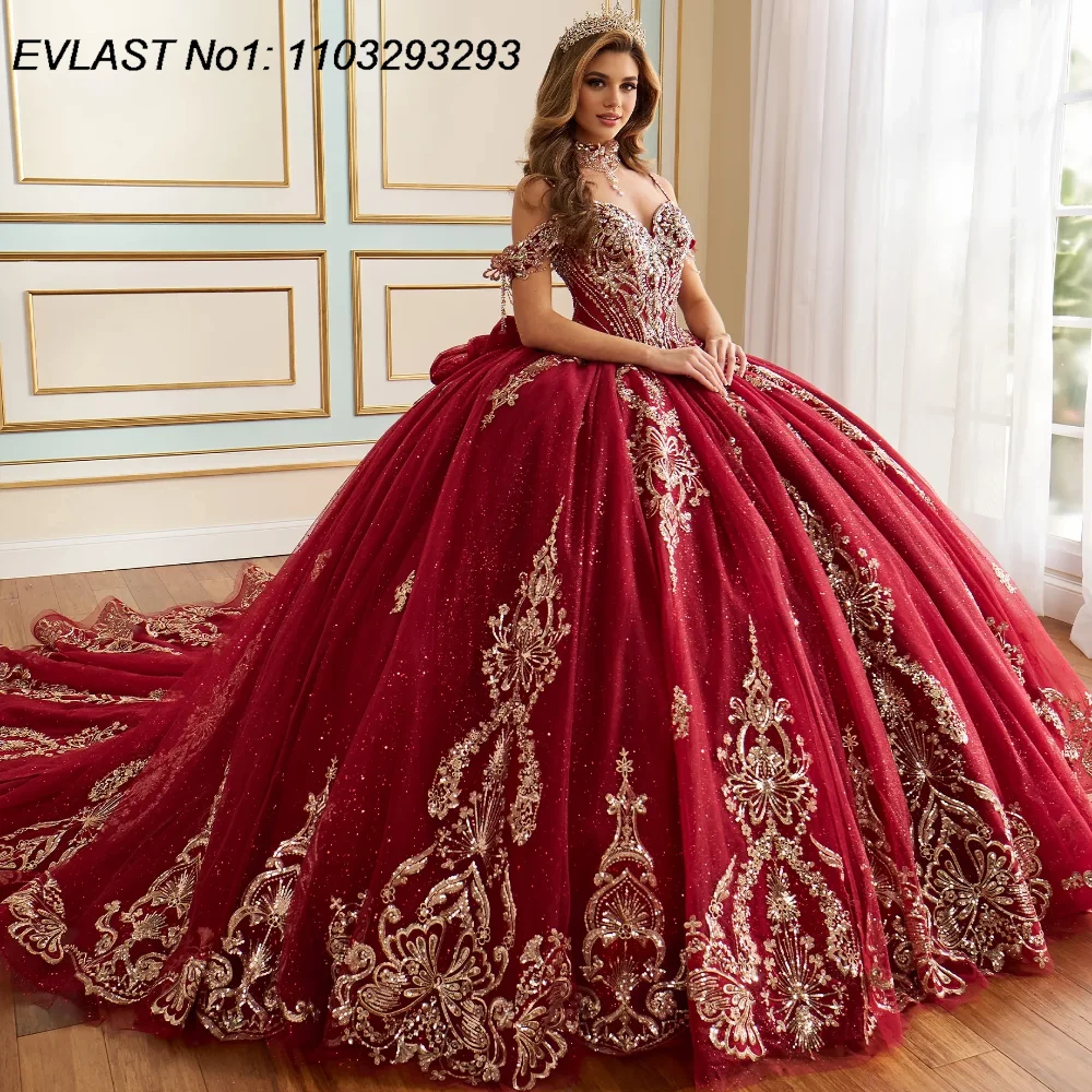 

EVLAST Customized Burgundy Quinceanera Dress Ball Gown Gold Lace Applique Beading Bow Corset Sweet 16 Vestido De 15 Anos E1Q86