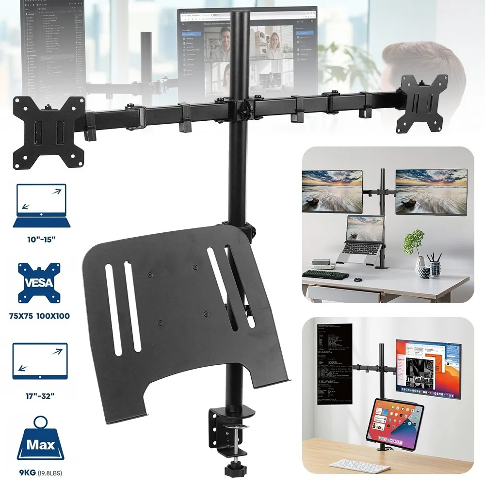 Support double écran pour écrans de 17 à 32 pouces avec rotation à 360° °   Support de bureau réglable en hauteur et rotatif avec étagère avant, ergonomique à mouvement complet pour le bureau, la maison et le gaming – Idéal pour les programmeurs (soulagement du cou multi-écrans), les traders (élévation flexible) et les configurations de dortoir ou d'e-sport.