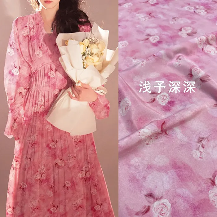 Pink Romantic Watercolor Floral Print Silk Stretch Crepe De Chine Fabric Mulberry Silk Material for Dresses 140cm wide blouse