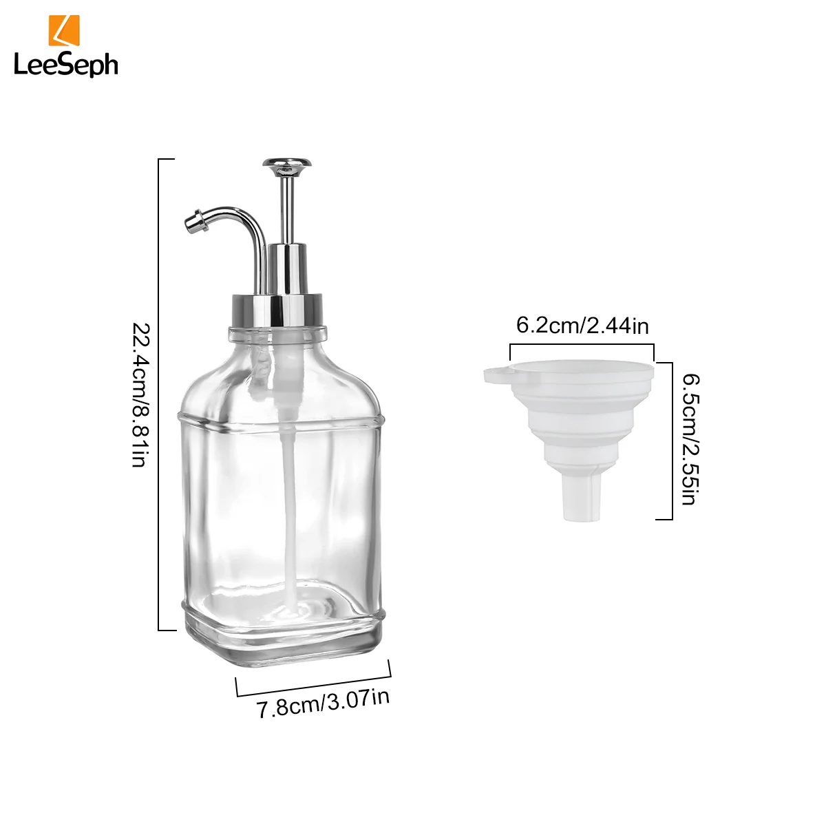 Leeseph Coffee Syrup Dispenser Set with 1 collapsible funnel, Refillable Glass Syrup Pump Bottles Press Dispenser, 500ml/16.9oz