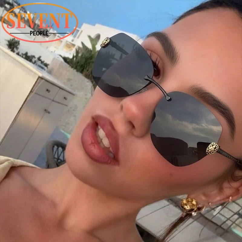 

Vintage Steampunk Cat Eye Rimless Sunglasses Women 2025 Luxury Brand Oversized Square Punk Sun Glasses For Ladies Trendy Shades