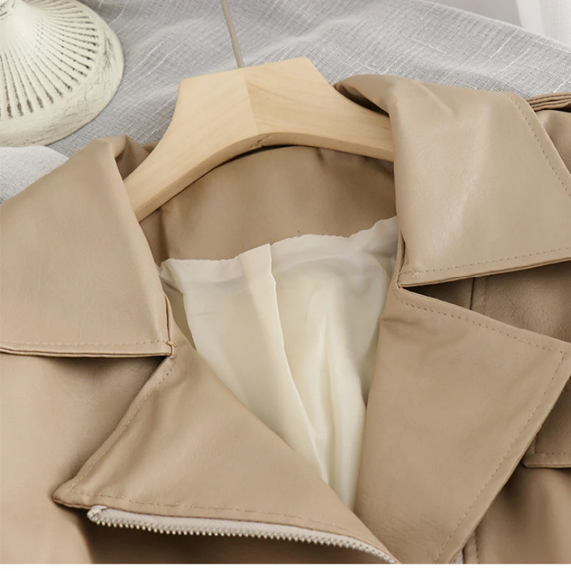 Moda Otoño mujer Chaqueta corta de piel sintética cuello vuelto abrigo de cuero PU coreano con cinturón prendas de vestir ajustadas Mujer