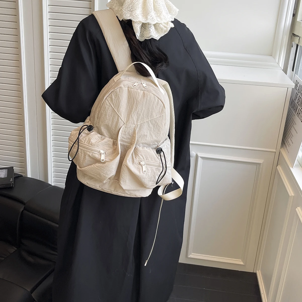 

Women's Lightweight Nylon Backpack with Drawstring Pockets, Casual Mini Daypack, Versatile Rucksack for Travel and Daily Use