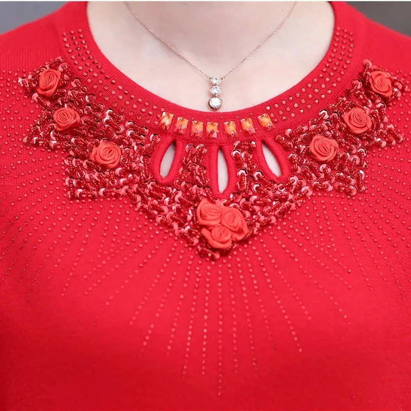 Jersey de punto para madre de mediana edad, suéter suave elástico con incrustaciones de diamantes, Top corto para mujer, otoño e invierno, 2025