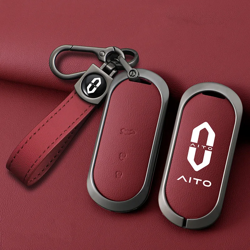 

Zinc Alloy Leather Smart Car Remote Key Case Cover Holder Shell For Aito M5 M7 Auto Protector Keychain