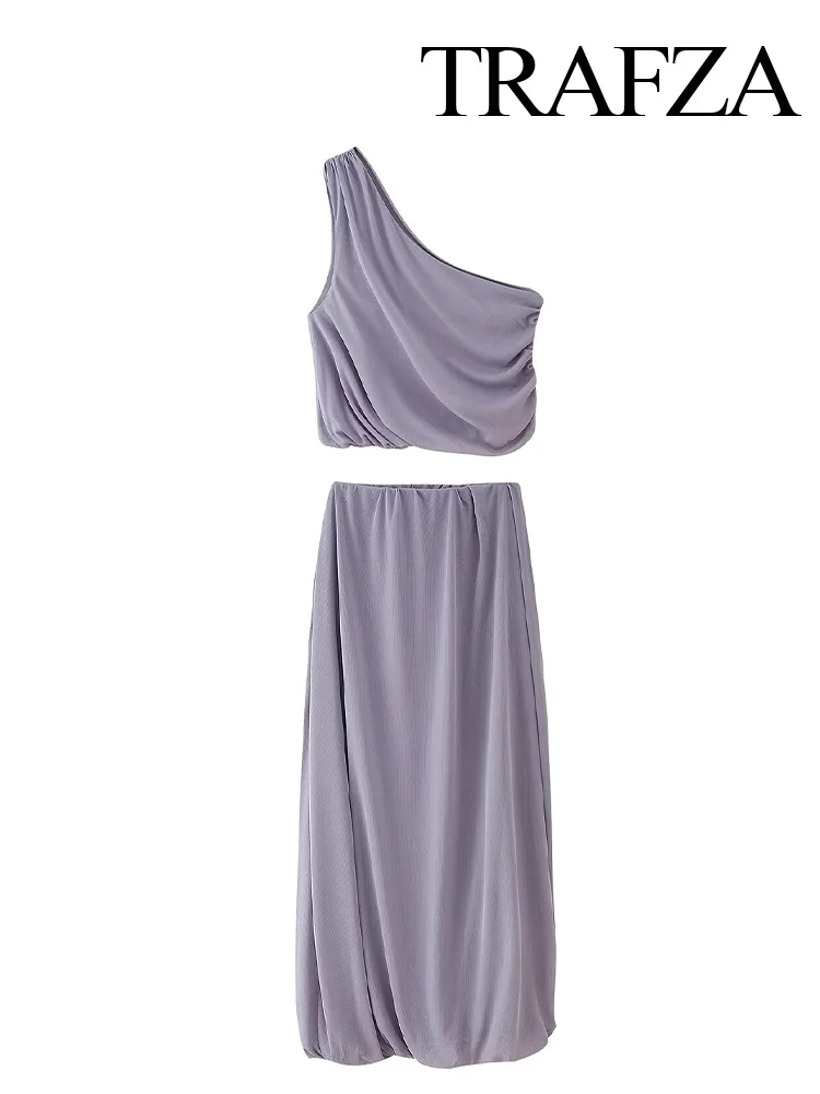 

TRAFZA Summer Women New Elegant Sleeveless Solid Fold Decoration Asymmetry Backless Short Tulle Top+Casual Mid-Waist Skirt Suit