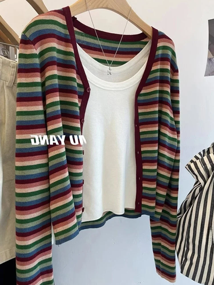 Korean Sle V-Ne Stripe Design Knitted Open Cardigan Slimming Long Sve Casual Age-Defng Women's Faion Top