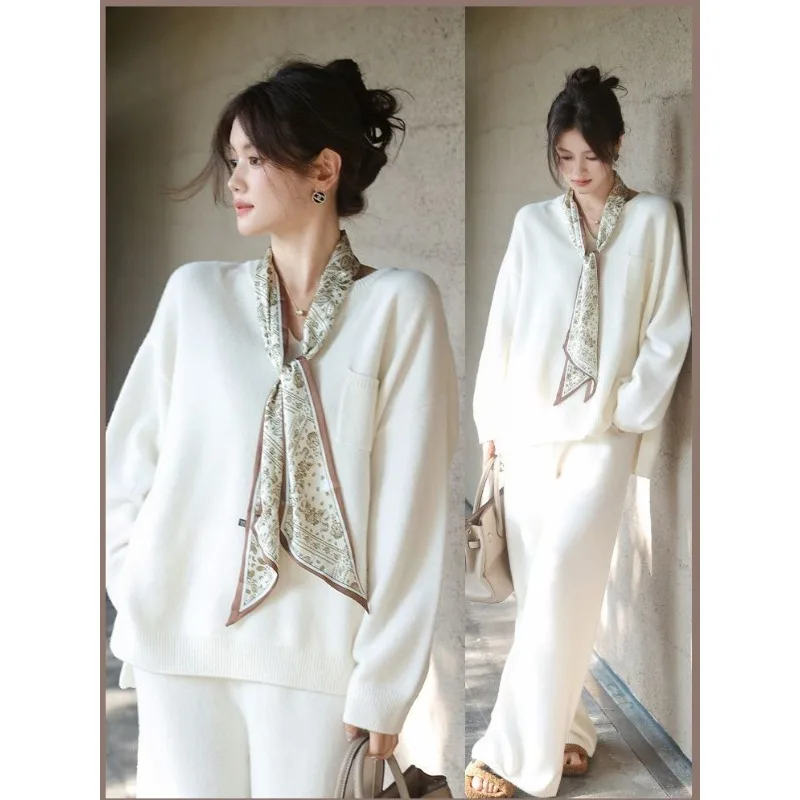 

Женский вязаный открытый кардиган, свободные широкие брюки, комплект из двух предметов, осенняя мода, утягивающий ленивый стиль, корейская версия E12156