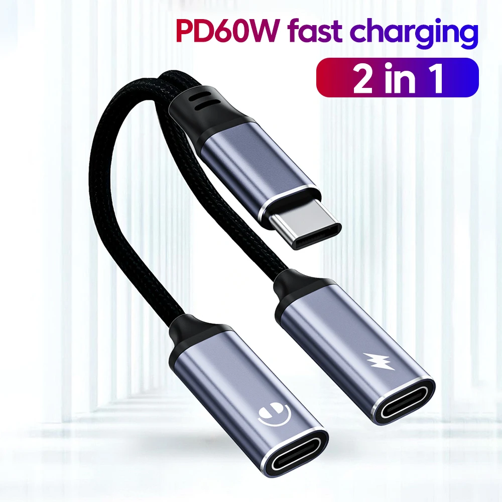 2 in 1 USB C Adapter Type-C to Type-C PD60w Charging + Type-C Audio Data Transmission Connector For Cellphones Tablet Laptop
