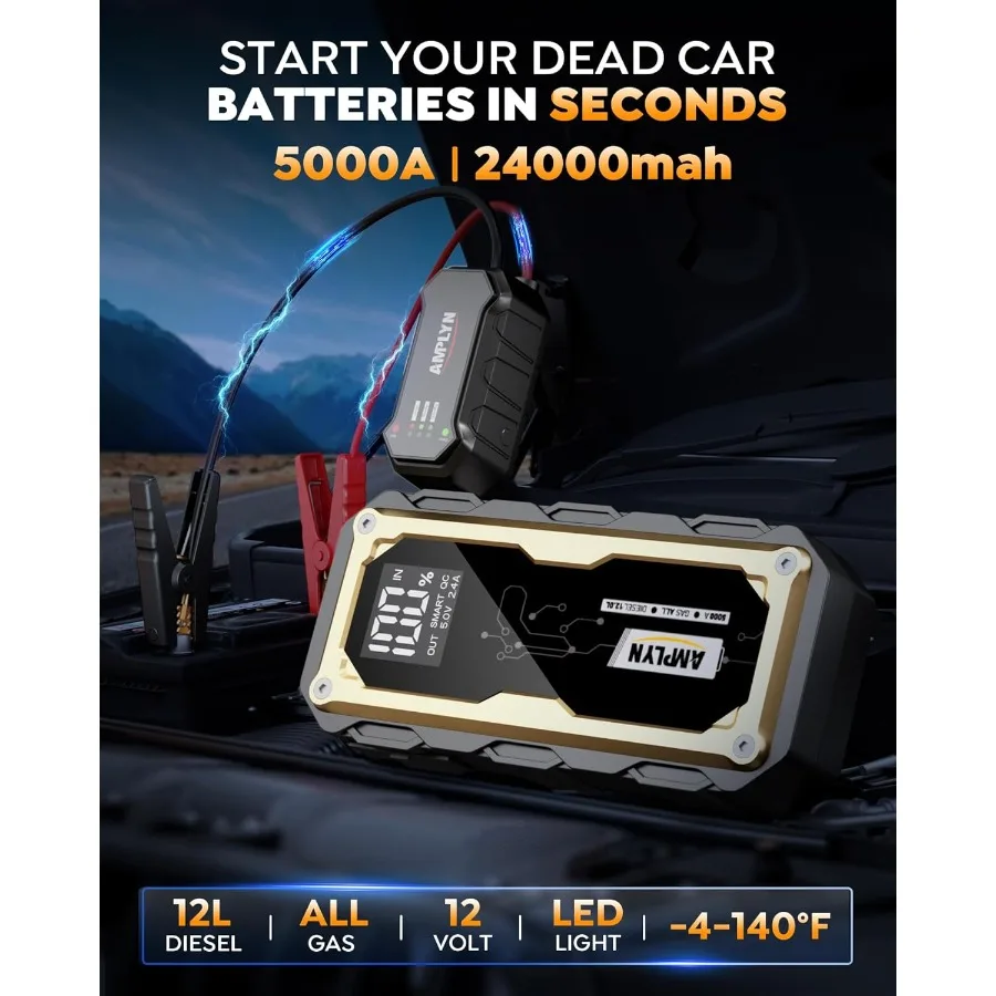 Arranque de carro portátil 24000mAh com carregador rápido de 65W e display LED para carros de 12V Todos os motores a gás 12L Diesel Bat de emergência