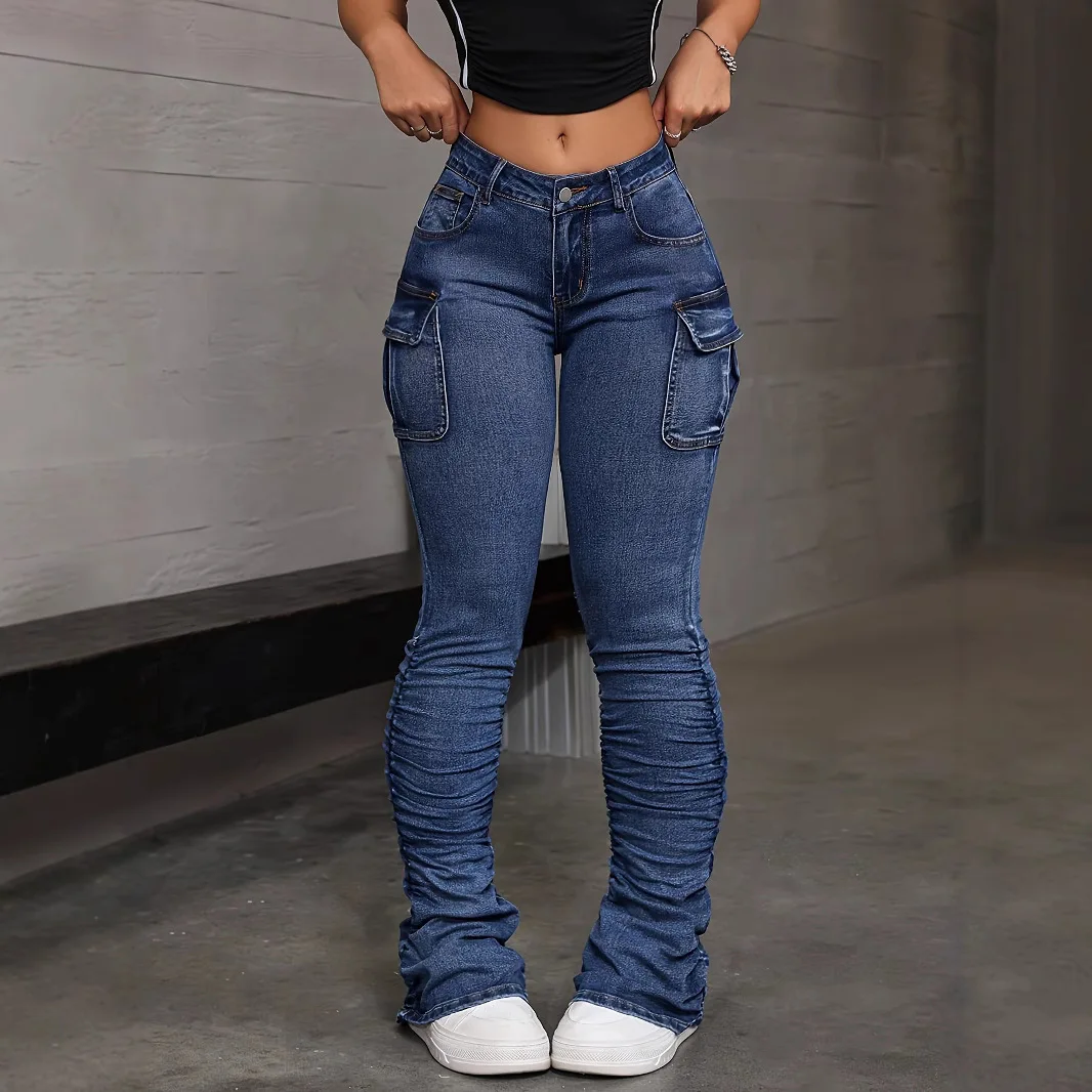 Women Denim Jeans Side Ruffle Design Mid High Waist Stretch Retro Blue Jumpsuit Pants