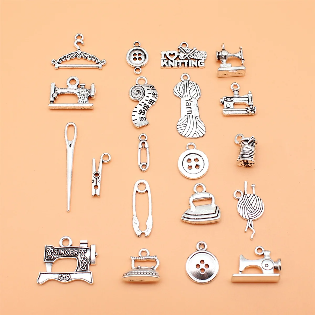 20pcs Sewing Knitting Sets Sewing Machine Irons Buttons Wool Hangers Paper Clips Charms Collection, 20 Styles, 1 of Each