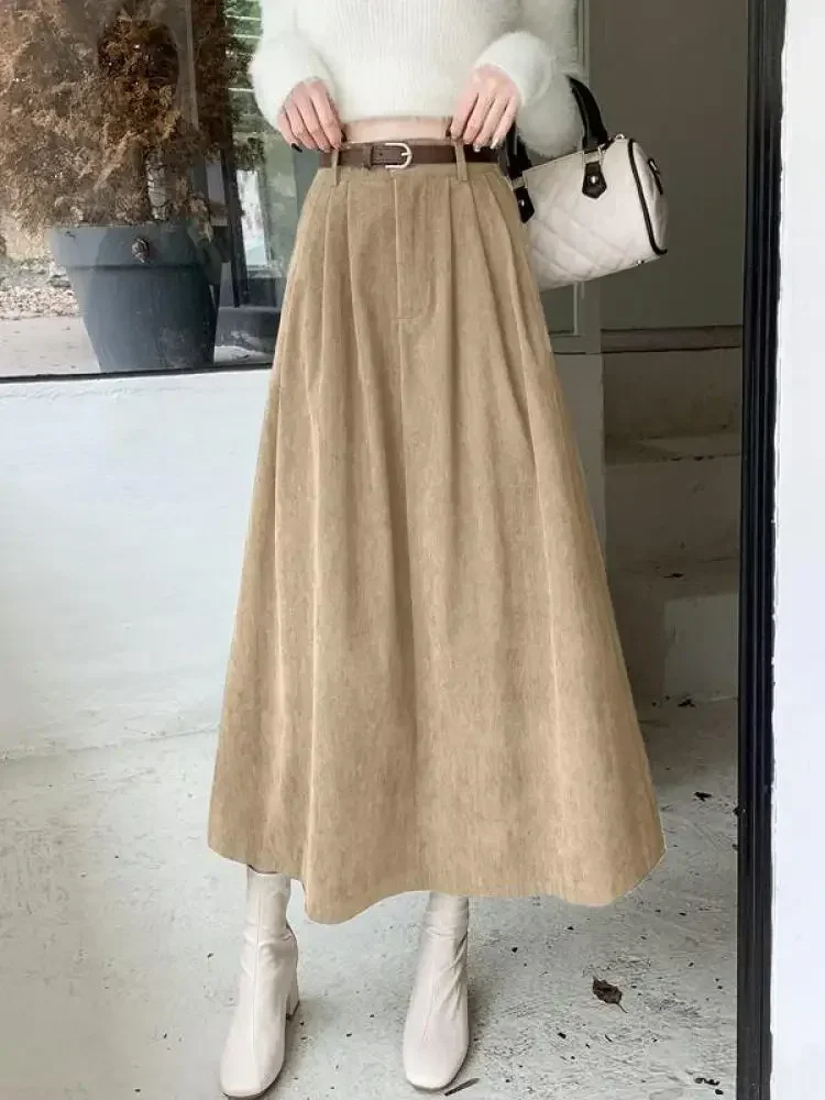 

Vintage Solid Corduroy Party Pleated Skirt Female Autumn Winter A-line Elegant Elastic High Waist Long Umbrella Skirt Versatile