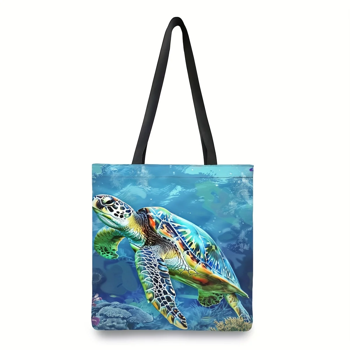 Canvas Print Tote Bag Woman Vibrant Sea Turtle Coral Reef Large Capacity Durable Polyester Beach Shopping Accessory