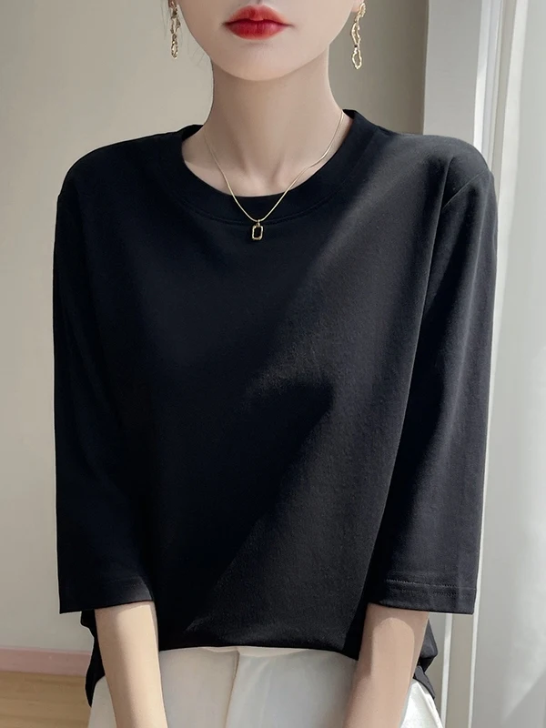Spring 2026 Women's round Neck Ice Cool Cotton Seven Sleeve T-shirt Casual Cotton Thread Base Shirt Inner Wear Top Commute Style