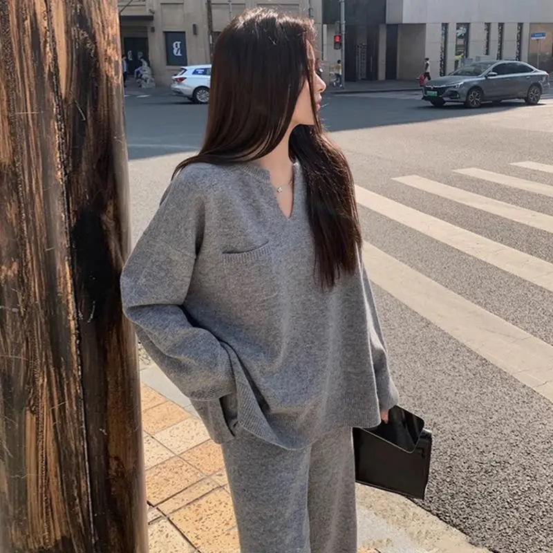 V-neck Knitted Cardigan Set Women's Autumn Winter New Korean Version Loose Thin Lazy Style Fashion Wide-leg Pants Two-piece Set