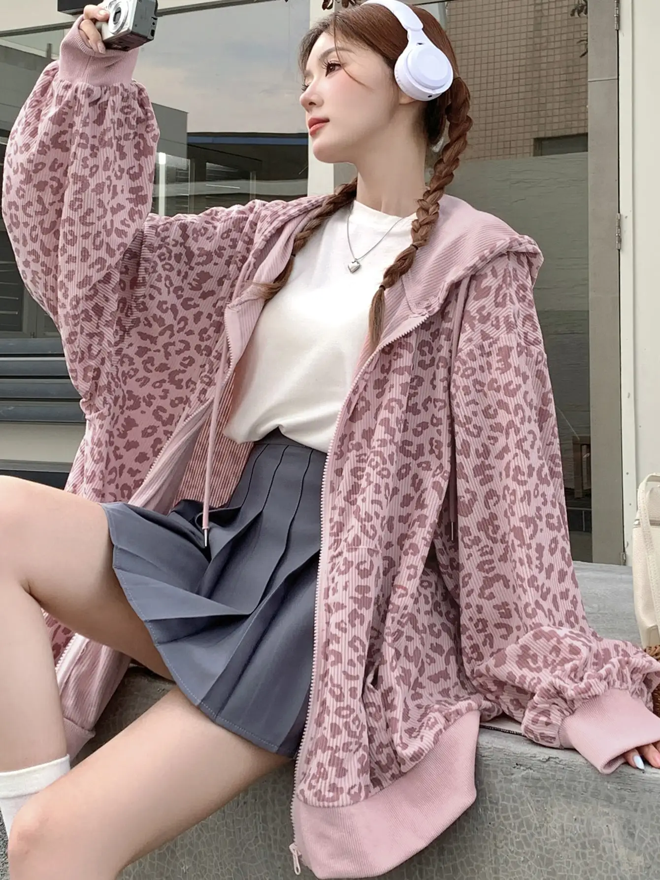 Womens Oversized Zip Up Hoodie Korean Harajuku Kpop Aesthetic Long Sleeve Hooded Sweatshirt Jacket Dusty Pink All Over Leopard Print Textured Ribbed Corduroy Full Zipper Balloon Sleeves Loose Fit For Fall Winter Campus Daily Outfits Christmas Gift