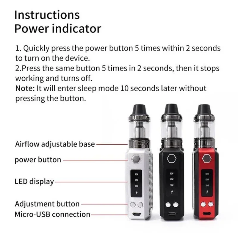 Caja de cigarrillos electrónicos Vape de 80W, Kit Mod, batería de 1800mAh, atomizador de 2,5ml, ajuste de voltaje de 30W/60W/80W, cigarrillo electrónico Shisha Ecig