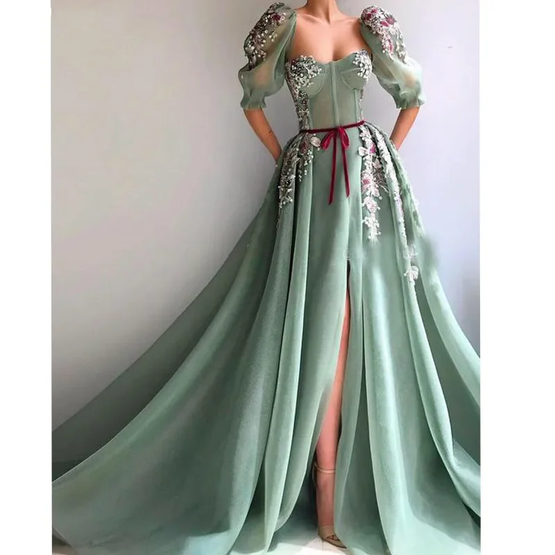 Vinca Suuny Muslim Mint Green Sweetheart Prom Dresses Belt High Slit Lace A-Line Islamic Dubai Saudi Arabic Long Evening Dresses