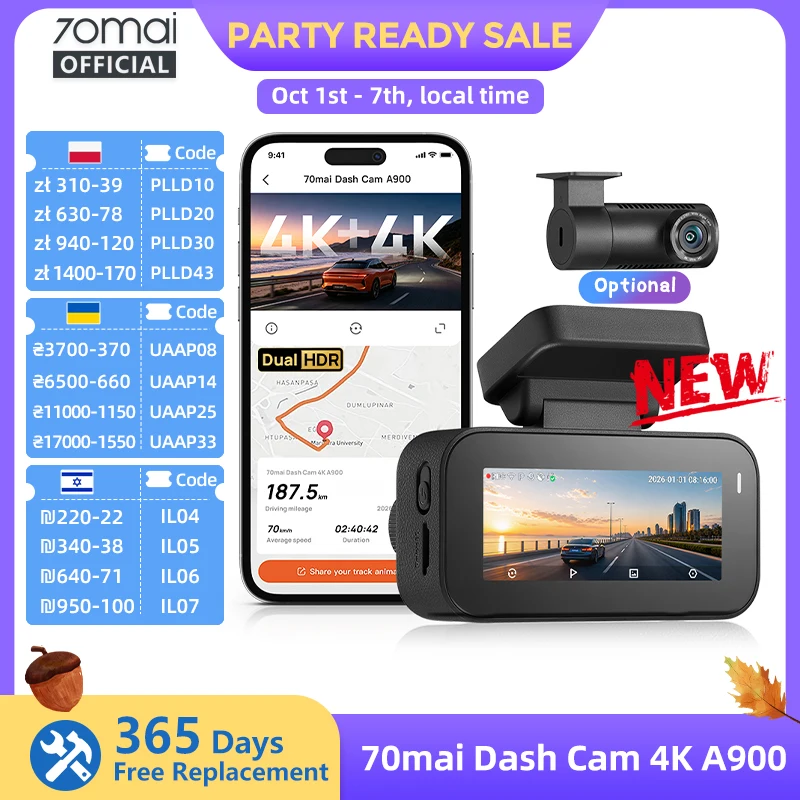 【New】70mai Dash Cam 4K A900 Front 4K+Rear 4K GPS Fatigue Alert Supercapacitor Voice Control 4G LTE 2.0 Wi-Fi6 Car DVR 70mai A900
