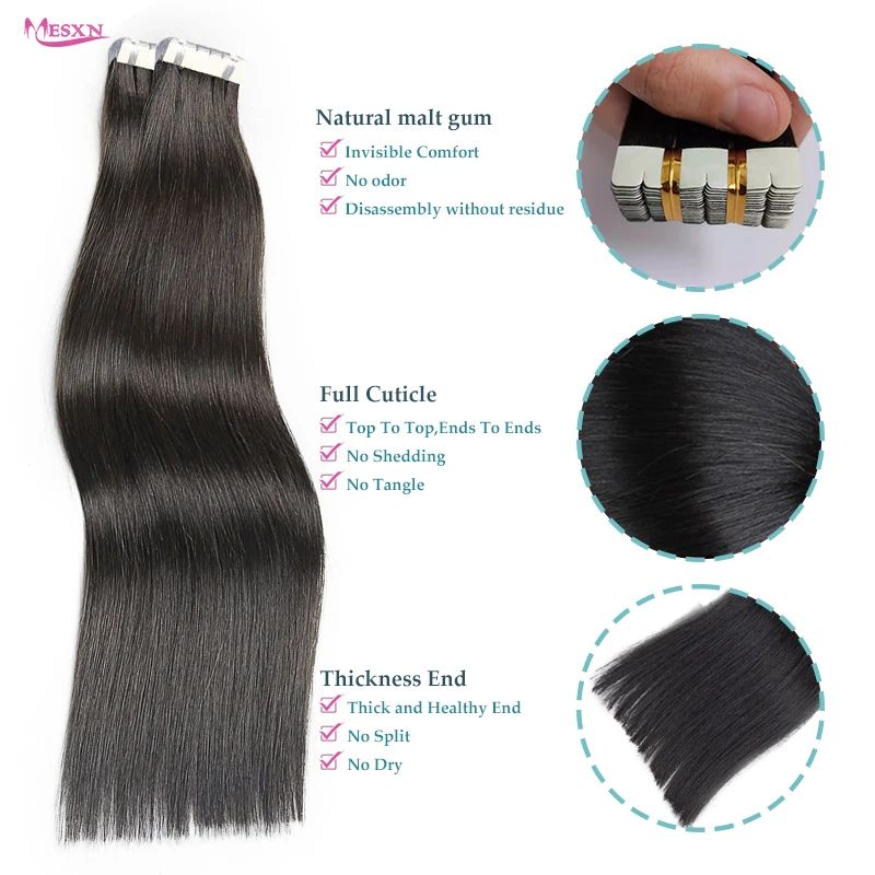 MESXN Mini Tape in Hair Extensions Human Hair Real Natural Hair Tapes in Black Brown Blonde Można udarować i farbować do salonu