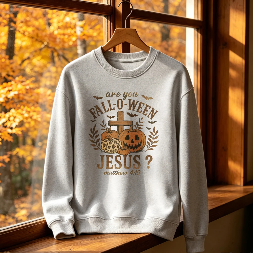 Matthew 4:19 Fall-O-Ween Jesus Stitched Cross Kürbis-Fledermäuse Grauer Rundhals-Sweatshirt Pullover Unisex Damen Herren Gemütliches Geschenk-Oberteil