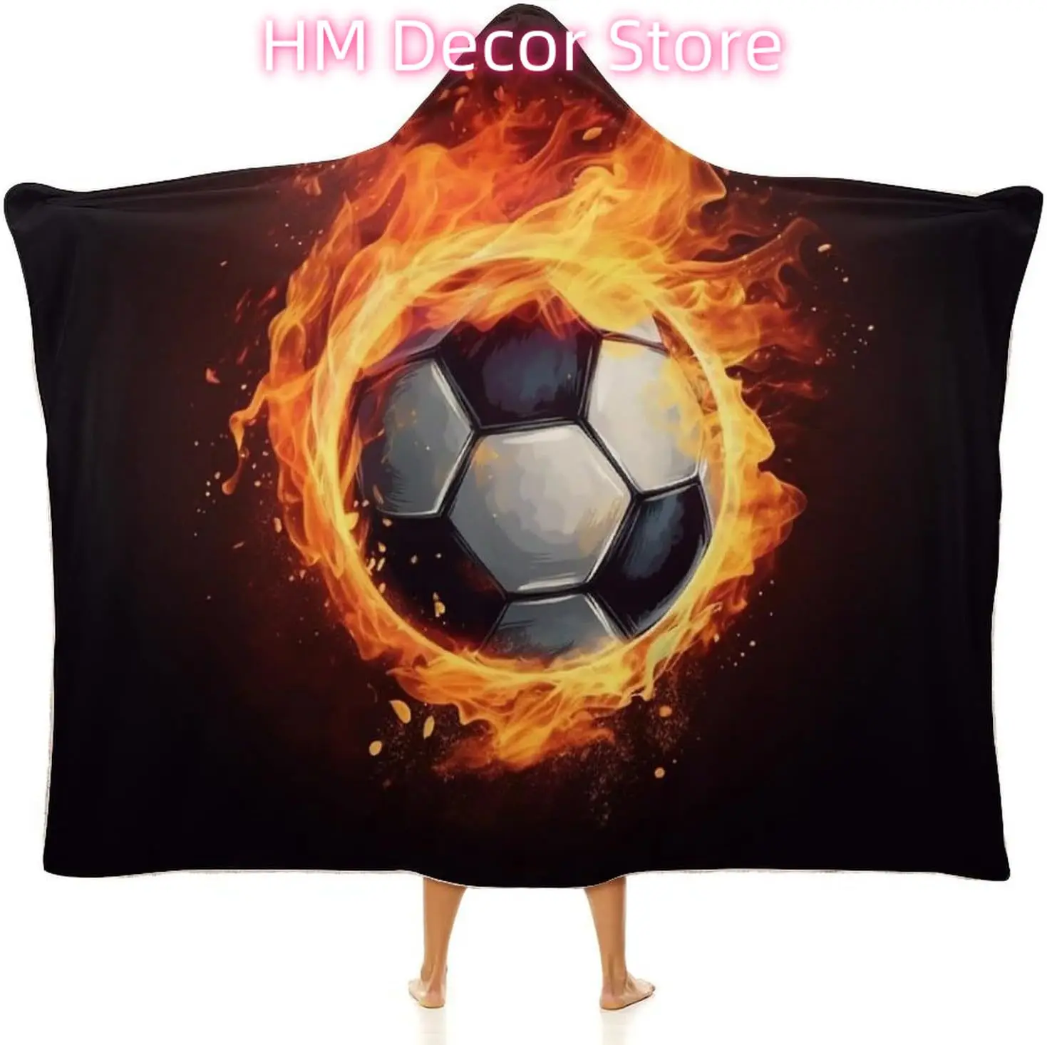 Fire Football Wearable Hooded Blanket, Ultra Soft Arctic Velvet Cape Cloak Unisex - Cozy Wearable Blanket
