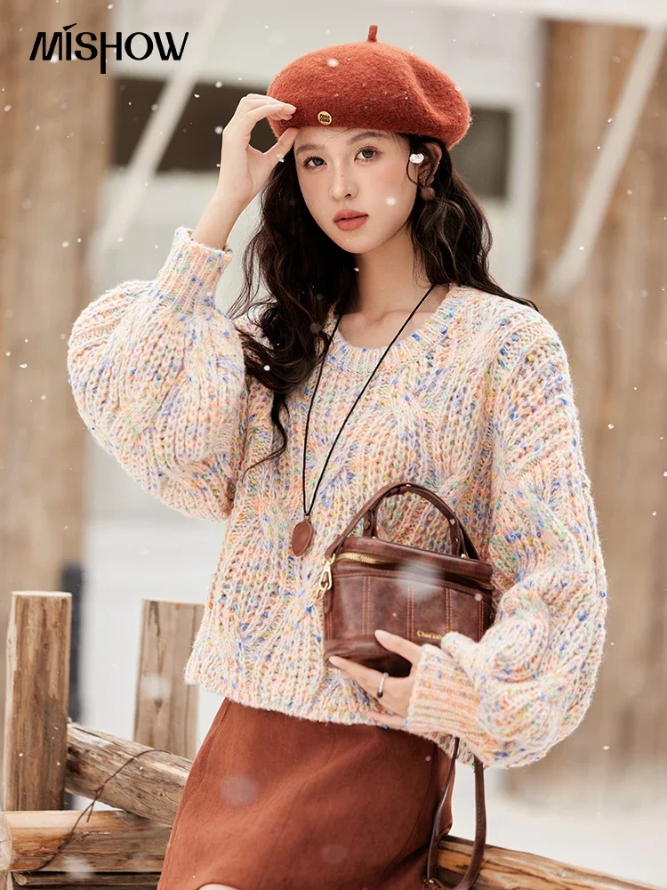 

MISHOW Color Dots Yarn Sweaters Lantern Sleeve Design O-Neck Pullovers Loose Fashion Women Clothes Thick Warm Tops MXD59Z1149