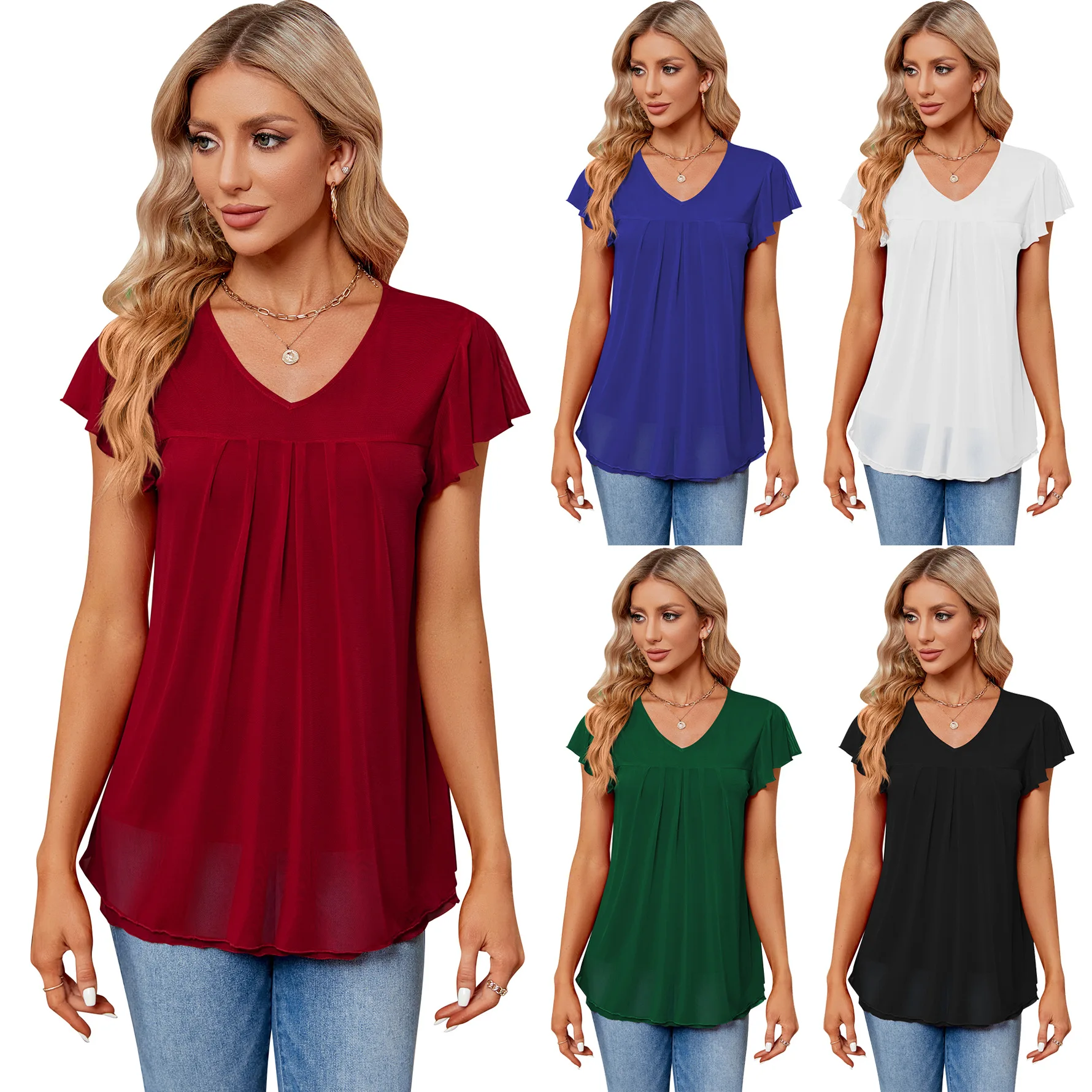 

2024 Summer T-shirts For Women Loose Pleated V-neck Soft Double-layer Mesh T-shirt Female Casual Pure Color T-shirt Women's Tops