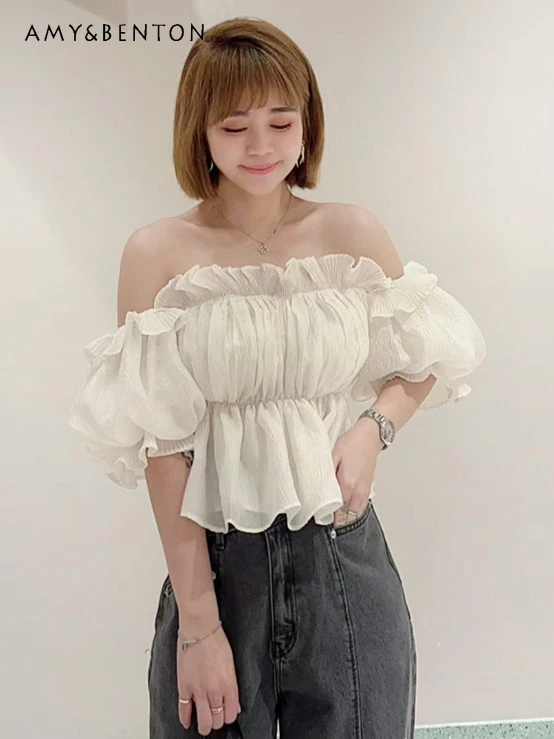 

2024 Autumn New Sweet Lotus Leaf Edge Bubble Sleeve Off Shoulder Jacquard Shirts Commuter Style Versatile Fashion Women Shirt