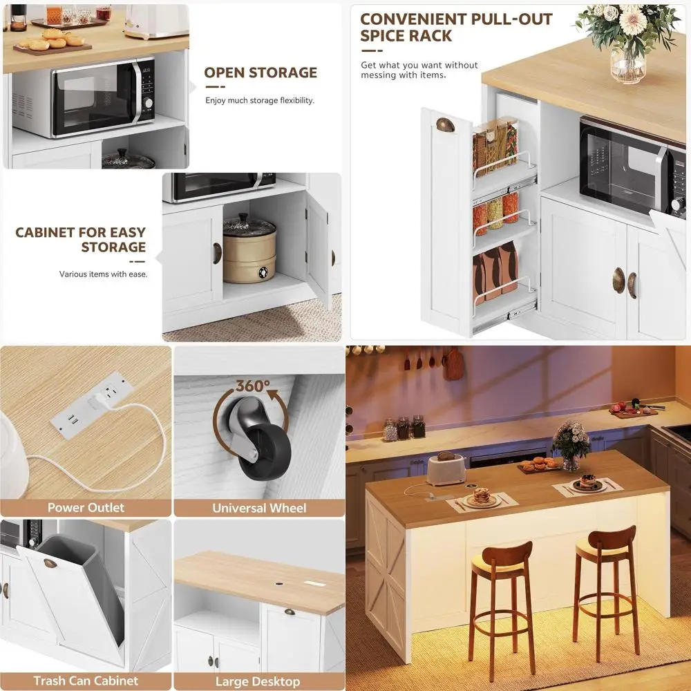 

Кухонный остров с местом для хранения, 63 дюйма в ширину, большой островной стол с мусорным баком, кухонные острова в стиле амбар с розеткой/LED-подсветкой, на колесиках