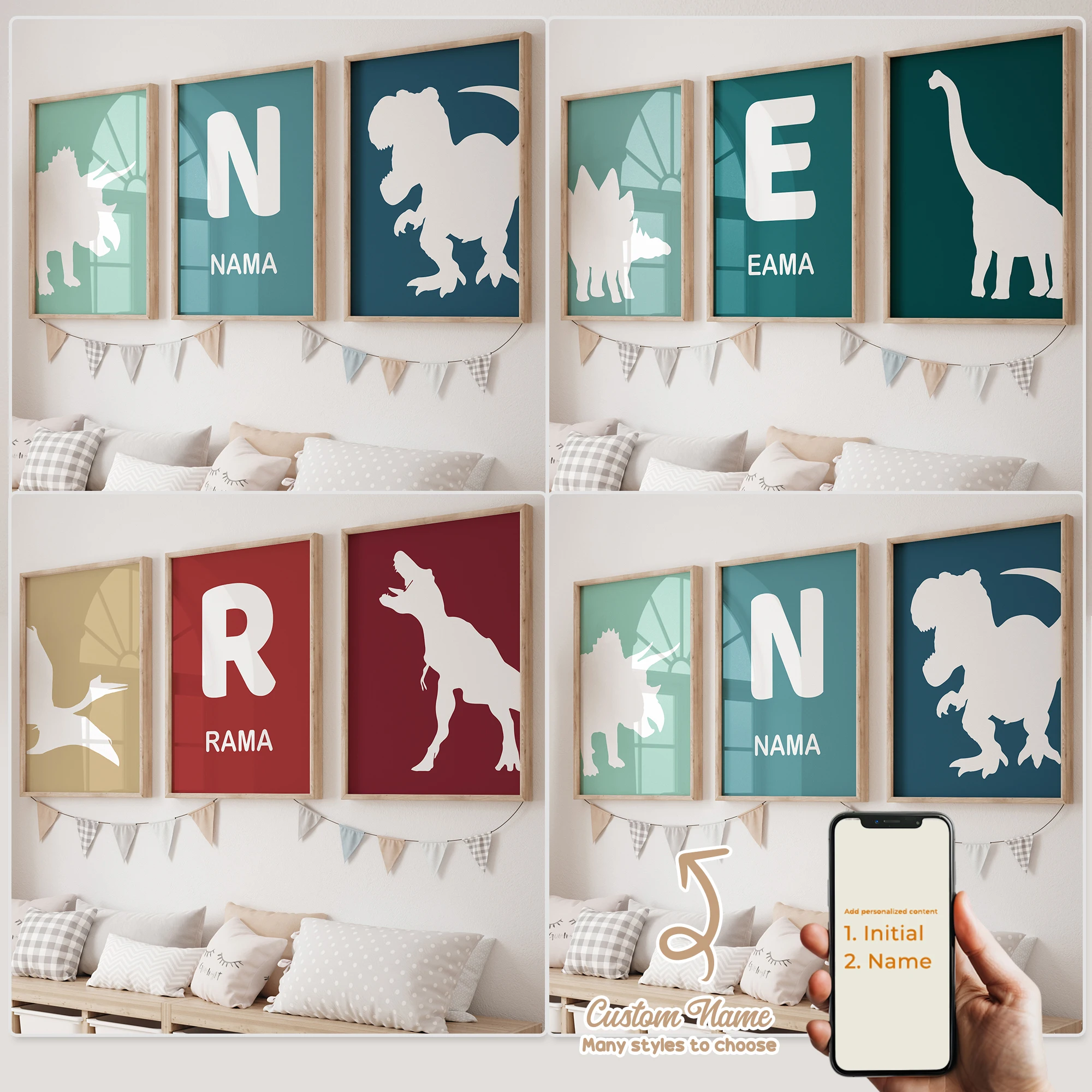 3-teiliges personalisiertes Wandbild mit Cartoon-Dinosauriern, Leinwandposter, Gemälde für Wohnzimmer, Kinderzimmer, Heimdekoration