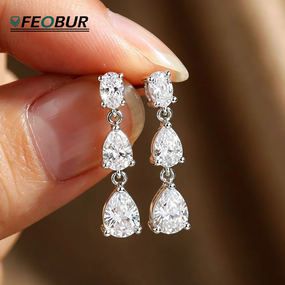 3-Stones Full Moissanite Drop Earring for Women Wedding 925 Sterling Silver Oval/Pear Cut Diamond Earrings Wedding Jewelry Gift