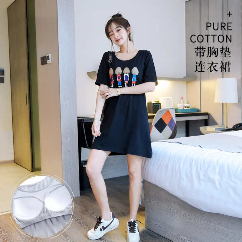 Cotton chest pad dress summer thin Korean style cartoon picture bra-three-quarter sleeve fashion round neck mid-l