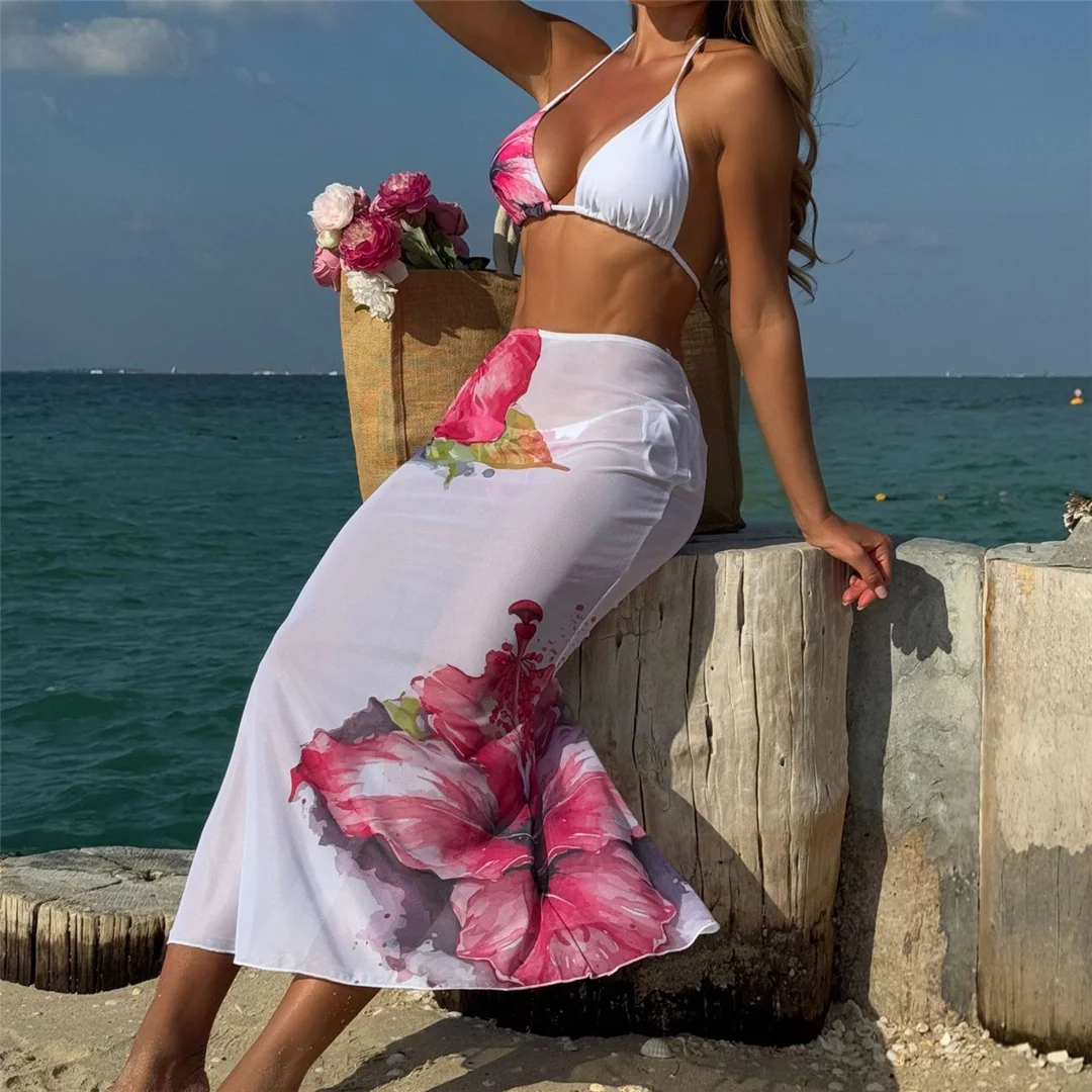 Blumenmuster mit Rock, Neckholder-Bikini, Damen-Badebekleidung, dreiteiliges Bikini-Set, Damen-Badeanzug, Badebekleidung, Badeanzug, Schwimmkleidung V6637 – Detail 23