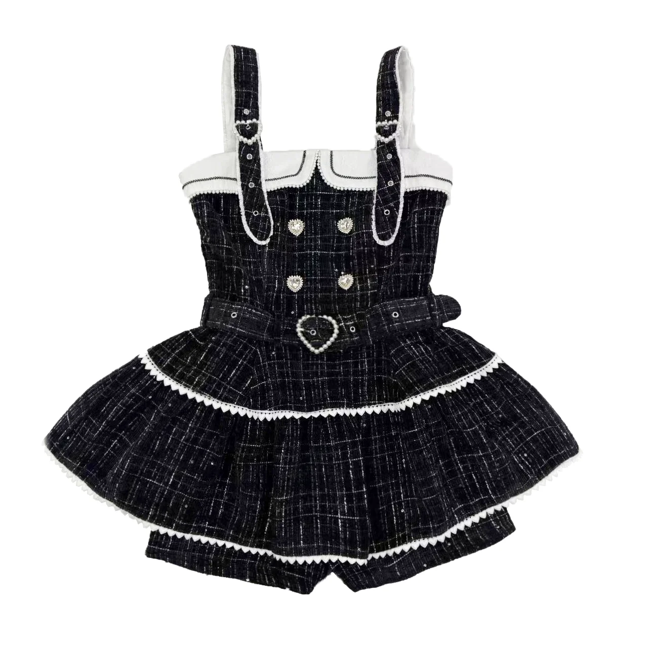 

Elegant Princess Atmosphere Tweed Dress Japanese Lolita Mass-Produced Long-Sleeve Shirt Kawaii Rhinestone Belt Slim Mini Dress