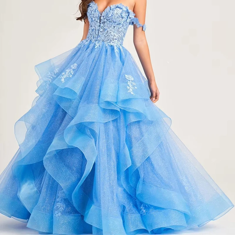 Robe de bal élégante bleu clair, épaules dénudées, avec des appliques florales, en Tulle à plusieurs niveaux, robe de soirée trapèze bouffante
