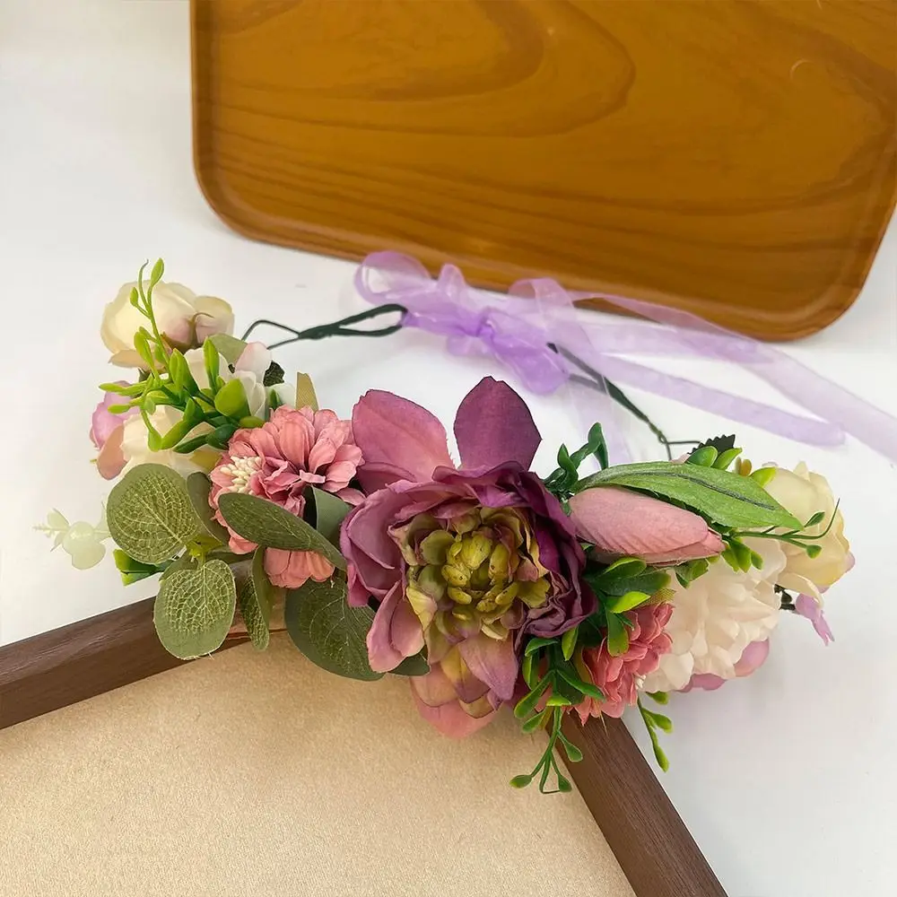 مهرجان البوهيمي الزفاف زهرة تاج صور الدعائم الوردي الأخضر ورقة الأزهار خوذة أغطية الرأس للنساء الفتيات