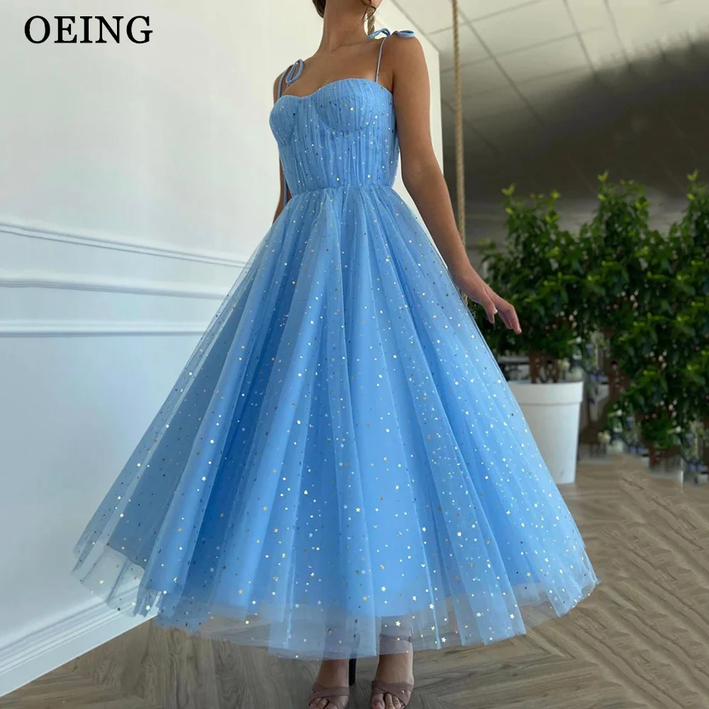 

OEING Glitter Sky Blue Prom Dresses Fairy Spaghetti Strap Evening Gowns Tulle Ankle Length Wedding Party Dress Vestidos De Noche