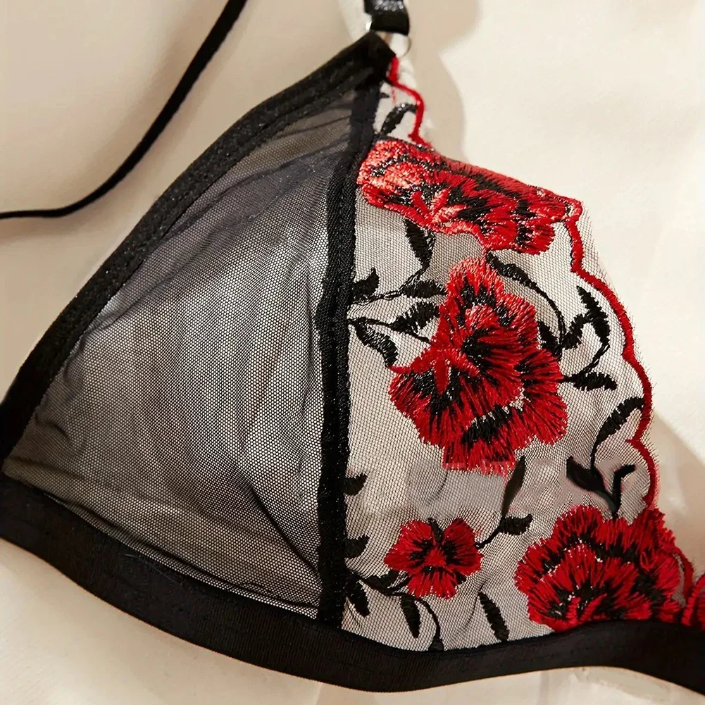 2 ピース女性のセクシーなランジェリーセットシースルーブラジャー花刺繍薄手の下着下着ブラジャーとパンティ透明ブラジャー