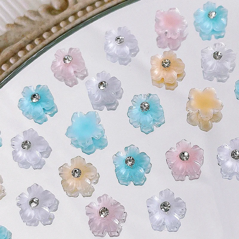 

30PC Ice Transparent Five Petal Flower Nail Charms Accessories With Rhinestones Crystals For Nail Art Decoration Design Supplies