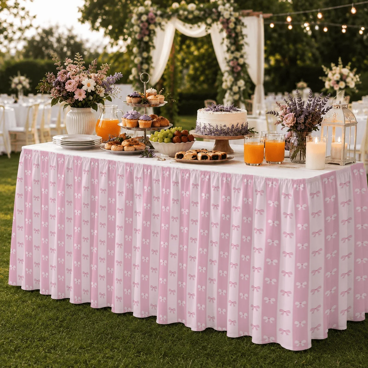 1Pc table skirt /tableskirt printed with pink striped bow full print pattern, girl style theme party