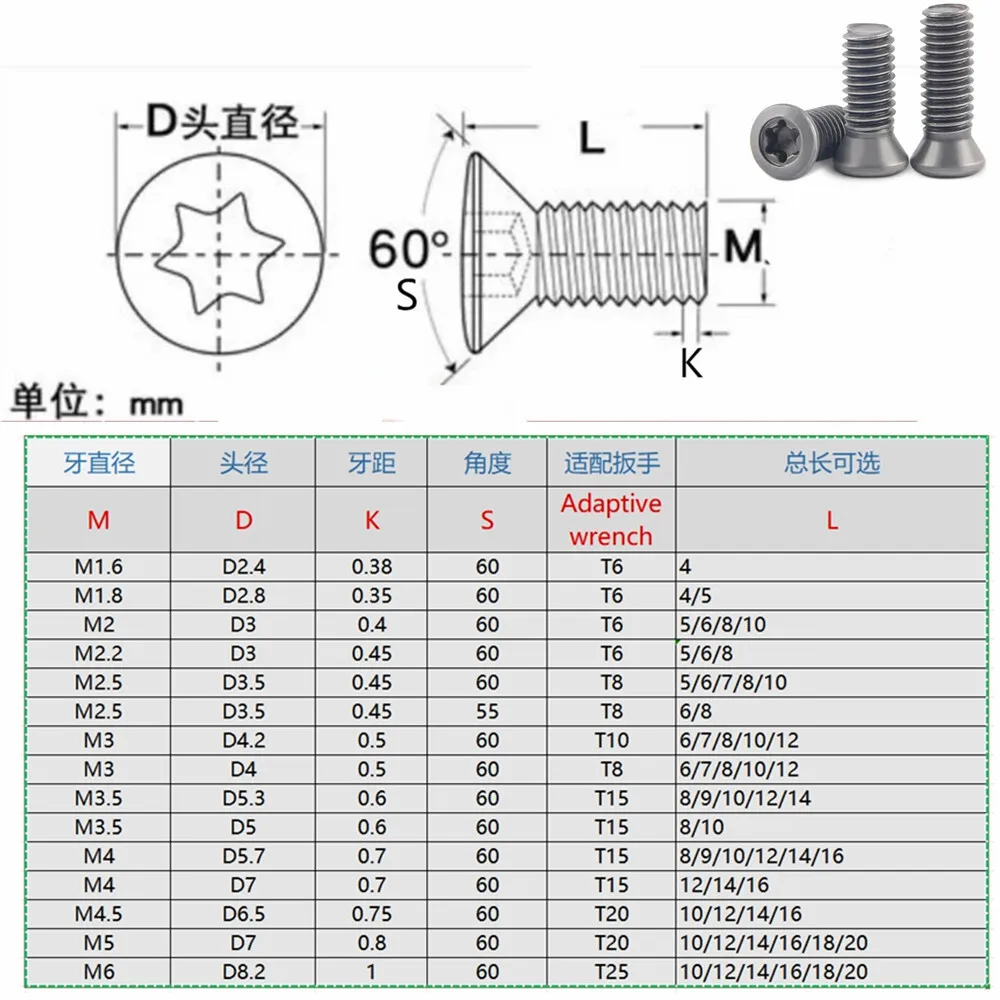 50pcs Cutter Arbor Screw 10 Alloy Steel Torx Screws for CNC Turning Tools/Plug-ins M2 M2.2 M2.5 M3 M3.5 M4