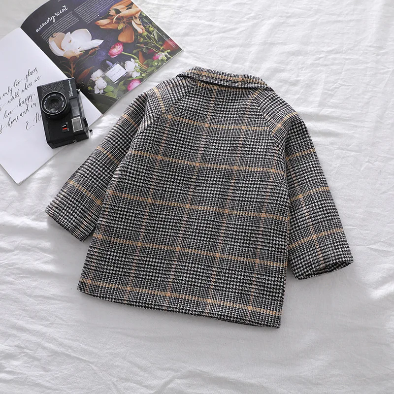 Cappotto in lana per bambini Blotona Fashion con motivo scozzese, decorazione tascabile doppio petto capispalla primavera autunno, 2-7 anni