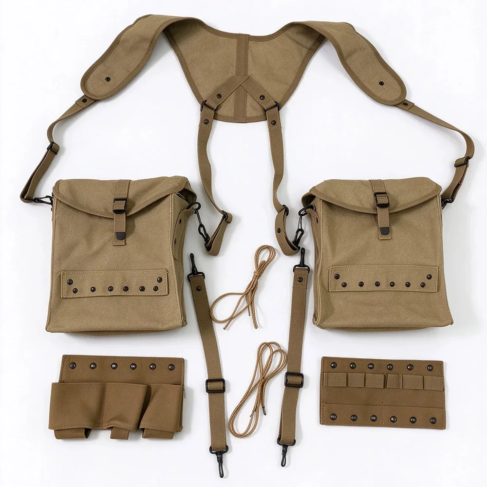 WW2 Army Replica Medic Field Kit with Canvas Shoulder Suspenders Utility Pouches for Military Reenactment Cosplay Team Play