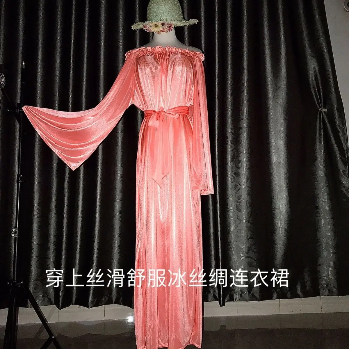 Glossy Women Satin Long Dress Loose Pajamas Maxi Dress Pullover Elegant Dresses Sleeping Wear