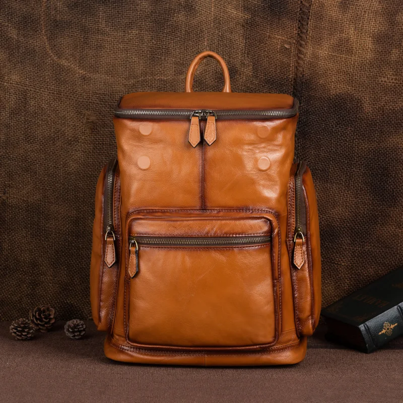 Johnature Vintage Genuine Leather Men Backpack Large Capacity Outdoor Travel Bags Natural Soft Cowhide Fashion Laptop Backpacks