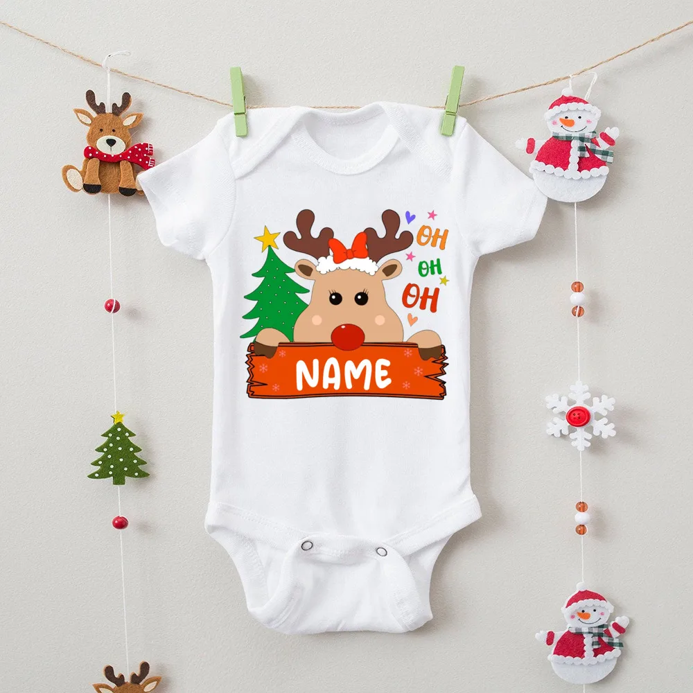 Personalized Christmas Baby Bodysuit Newborn Romper Custom Name Infant Baptism Short Sleeve Clothes Xmas Party Outfits Jumpsuit