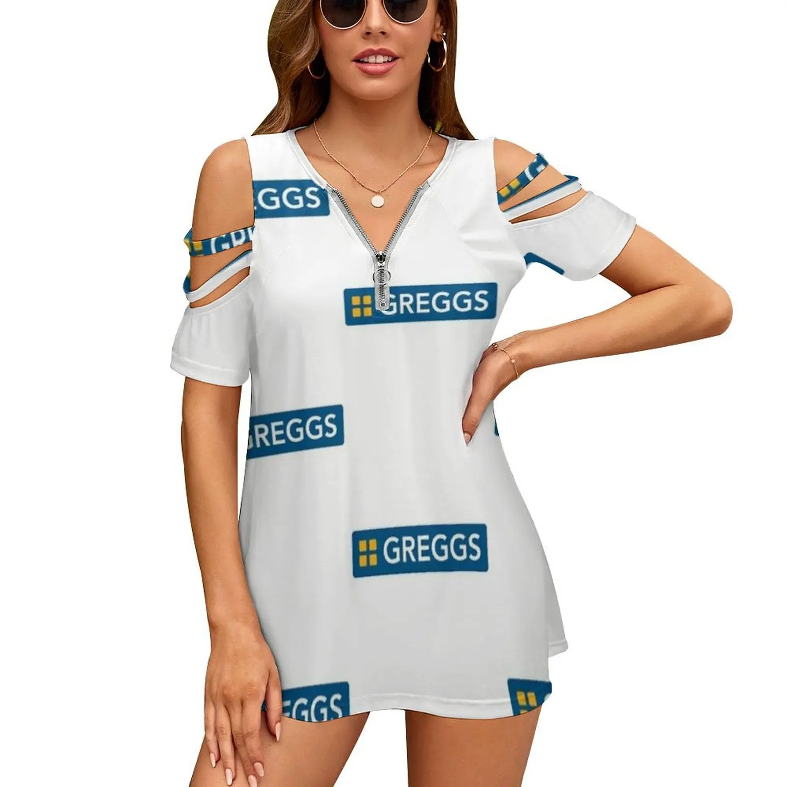 Greggs Logo New Fashion Zip Off Shoulder Top Short-Sleeve Women Shirt Greggs Logo Sayers Nandos Sausage Roll Pastry Bakery