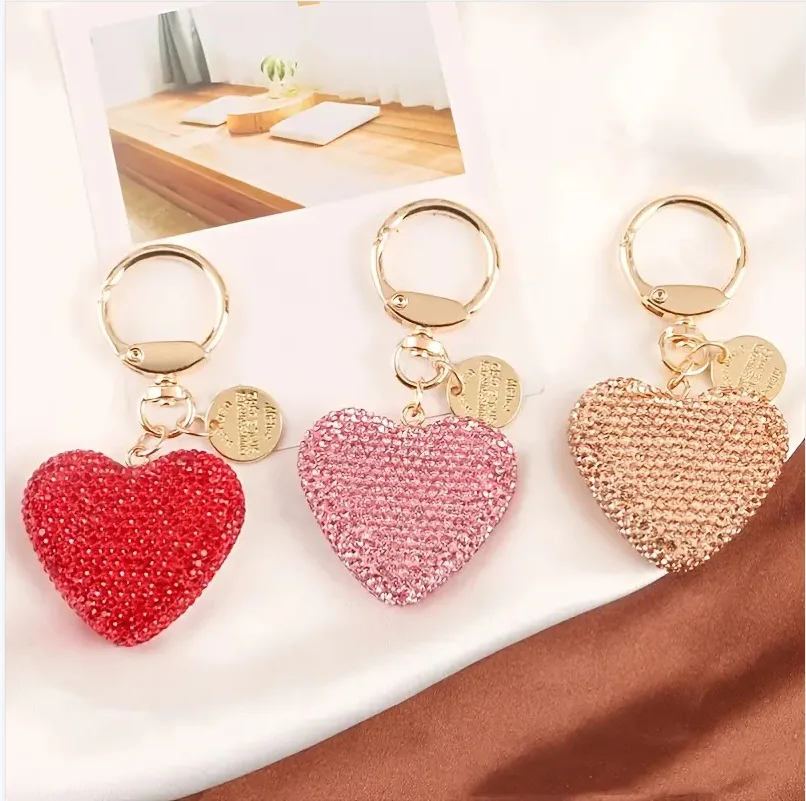 Rhinestone Keychain Heart Key Chains Peach Heart Car Keychain Women Handbag Bag Pendant Metal Crystal Keyring Accessories Gift